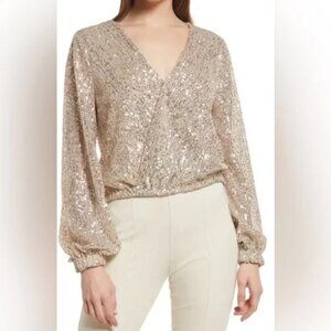 Open Edit Sequin V-Neck Top Champagne Beige-Silver Sequins XS